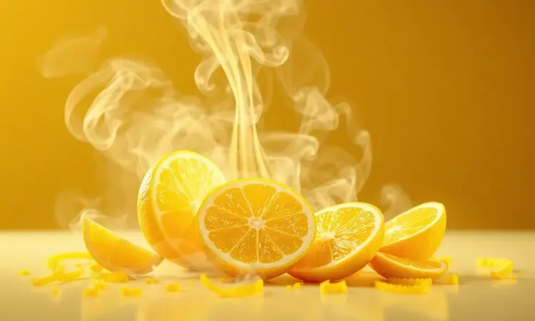 Ilustração conceitual de vapor cítrico e fatias de limão para limpeza profunda de gordura.