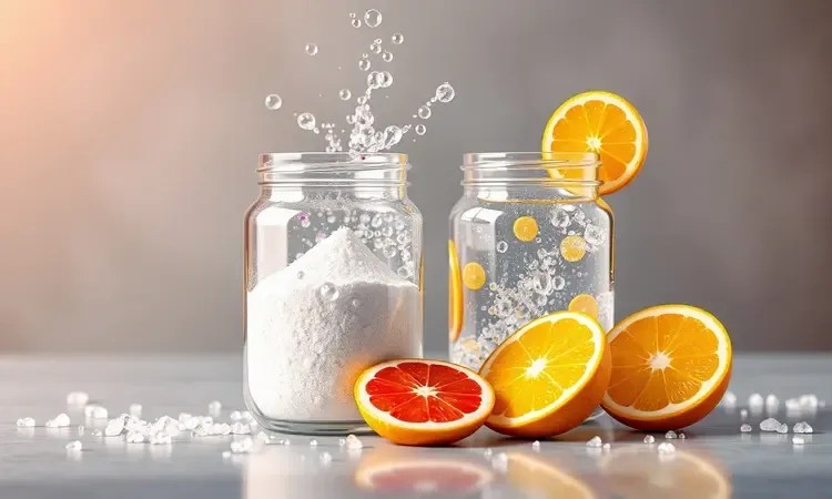 Ingredientes caseiros como vinagre e bicarbonato de sódio representados em uma composição 3D moderna.