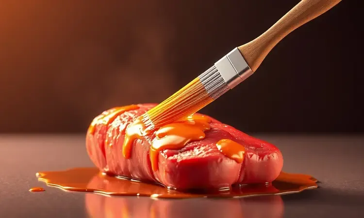 Pincel aplicador de tempero em uma superfície de carne em estilo 3D vibrante e colorido.