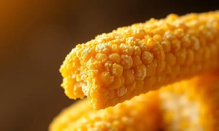 Close-up detalhado da textura crocante e dourada de um palito de polenta frita ressaltando a casquinha sequinha.