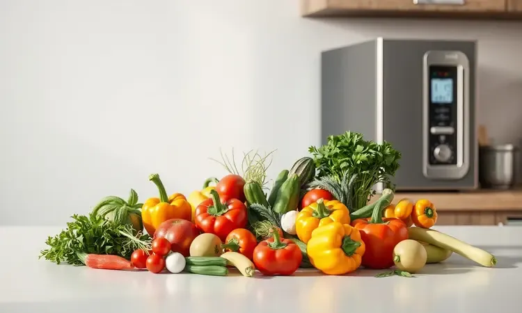 Ingredientes frescos e legumes coloridos organizados de forma artística em uma bancada de cozinha moderna.