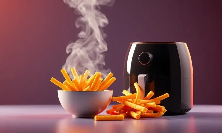 Ilustração conceitual de alimentos dourados e saudáveis saindo de uma fritadeira elétrica.