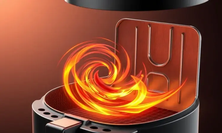 Ilustração 3D mostrando circulação de calor e papel alumínio dentro de uma air fryer.