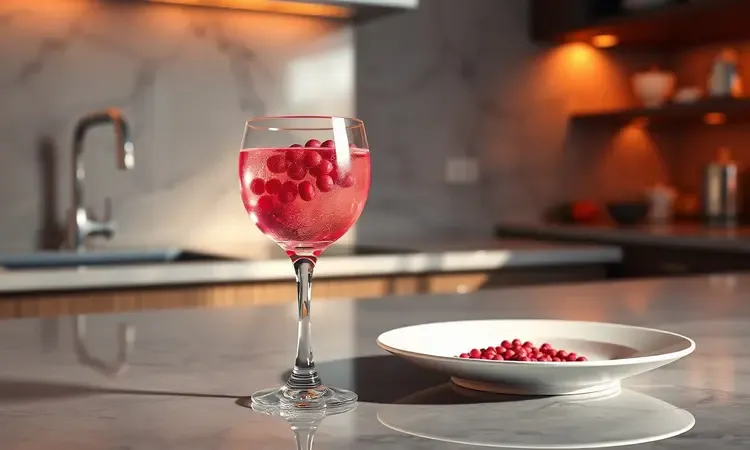 Cena conceitual de coquetelaria gourmet com uma taça de cristal e grãos de pimenta-rosa flutuando em iluminação vibrante.