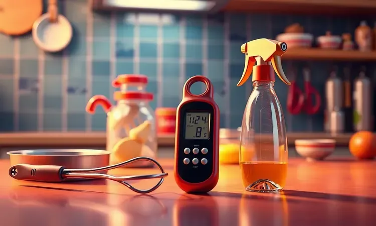 Utensílios de cozinha estilizados em 3D para auxiliar no preparo de carnes em um ambiente de estúdio.