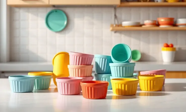Moldes de silicone coloridos e potes de cerâmica organizados para uso na airfryer.