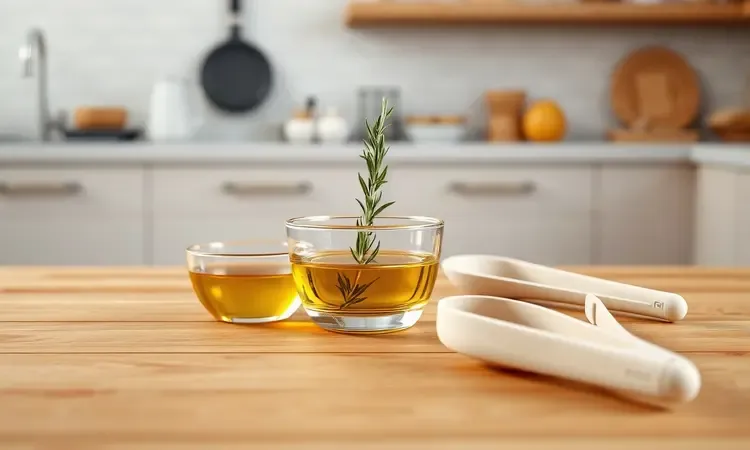 Composição 3D artística de utensílios de cozinha como pincel de silicone e tábua de madeira organizada.
