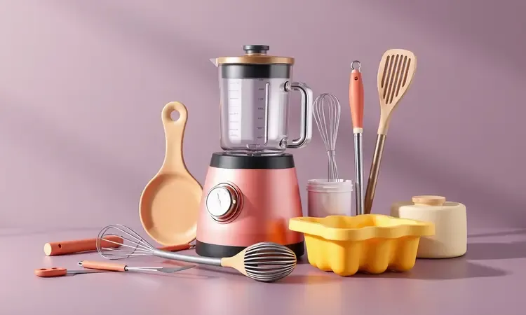 Utensílios de cozinha coloridos e conceituais como liquidificador e formas para assar na air fryer.