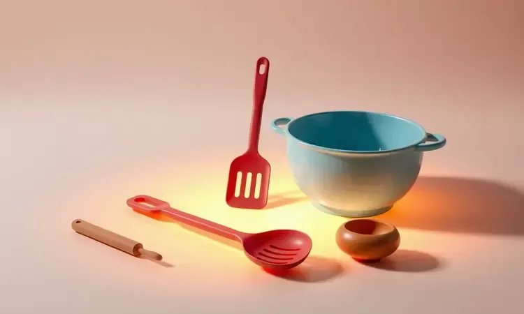 Utensílios de cozinha modernos e minimalistas organizados de forma estética sobre uma bancada iluminada.