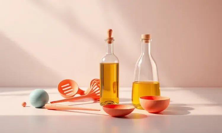 Conjunto de utensílios de silicone e spray de óleo em cores vibrantes sobre uma bancada moderna.