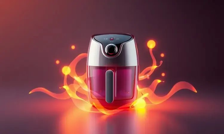 Ilustração 3D conceitual de uma air fryer moderna com elementos visuais que sugerem saúde e eficiência.