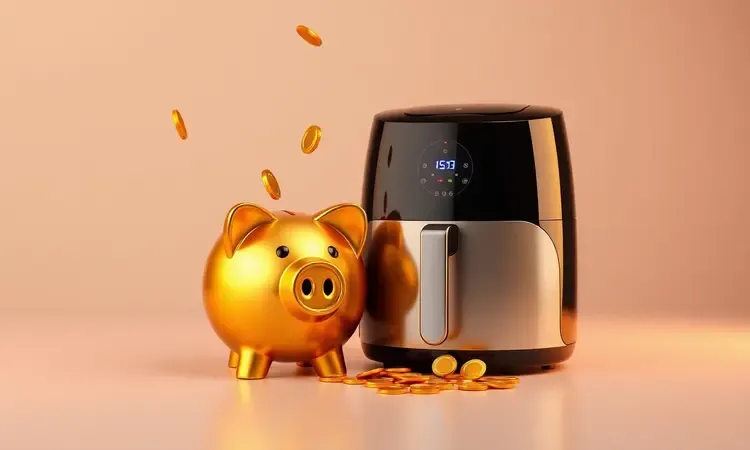 Representação conceitual em 3D de um cofrinho e uma air fryer estilizada, simbolizando a economia e o custo-benefício do aparelho.