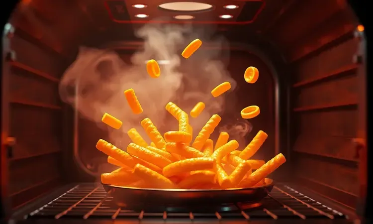 Alimentos estilizados e dourados cozinhando dentro de uma câmara de ar quente conceitual em 3D.