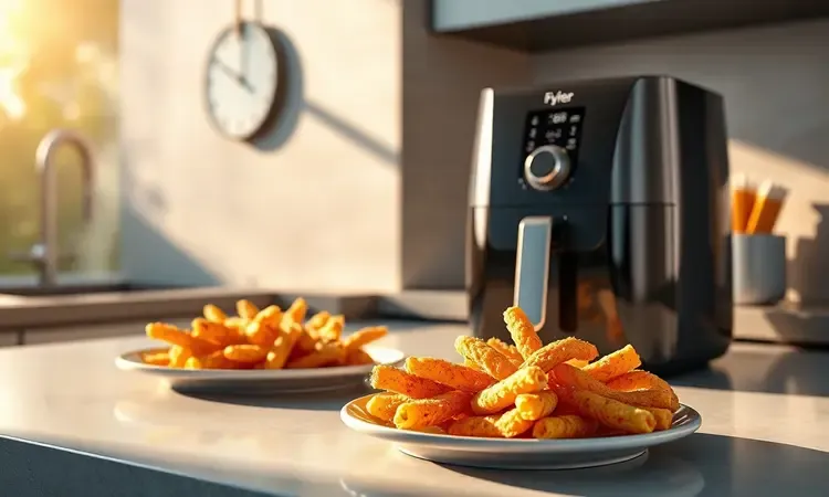 Cena conceitual 3D de comida crocante preparada em uma airfryer moderna sob luz solar quente.