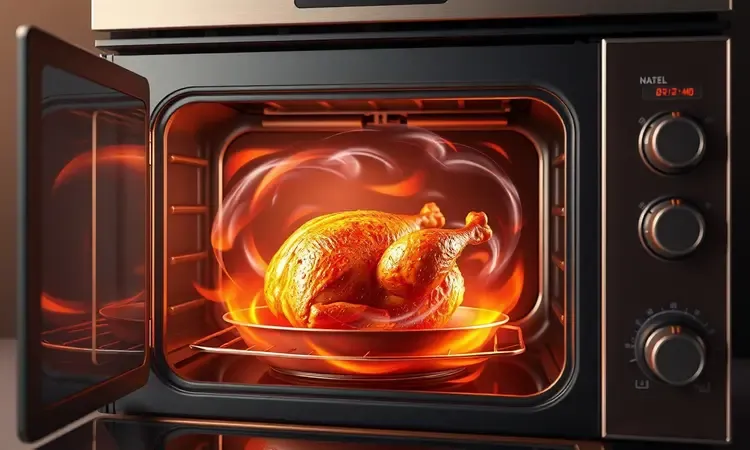 Representação 3D conceitual de um frango assado dourado dentro de um forno moderno com luzes quentes.