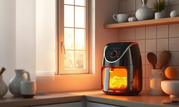 Ambiente de cozinha acolhedor com uma air fryer moderna destacada pela luz solar e tons dourados.