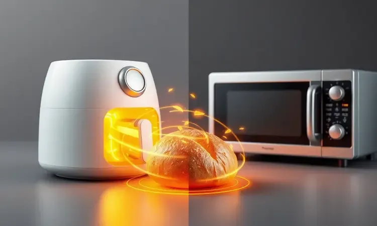 Ilustração 3D comparando a circulação de calor de uma airfryer com um micro-ondas em pães.