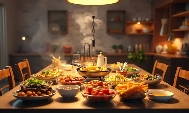 Mesa de jantar farta com pratos coloridos e saudáveis preparados em uma air fryer oven para uma família grande.