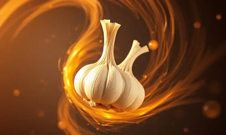 Ilustração 3D conceitual de dentes de alho envoltos em um redemoinho de ar quente dourado representando a tecnologia airfryer.