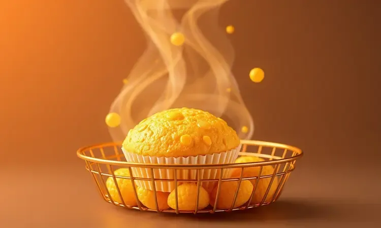Ilustração conceitual do ar quente circulando uma broa de milho dourada dentro da cesta da airfryer.