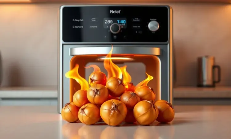 Ilustração conceitual 3D de castanhas douradas em uma airfryer estilizada com iluminação quente e eficiente.