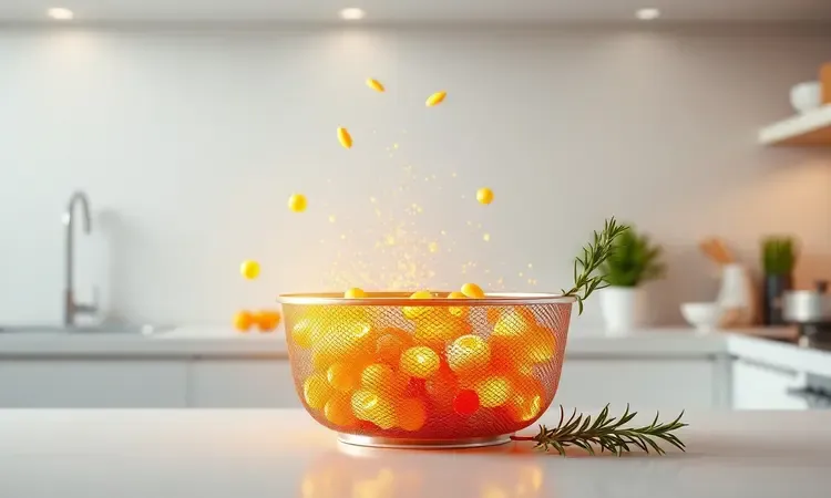 Iluminação quente e moderna simulando a praticidade de preparar carnes na airfryer com estilo.