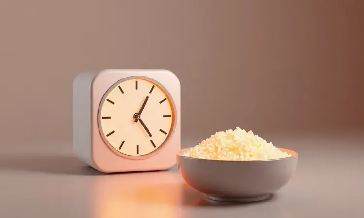Representação conceitual 3D de praticidade e sabor ao cozinhar arroz na fritadeira elétrica com iluminação quente.