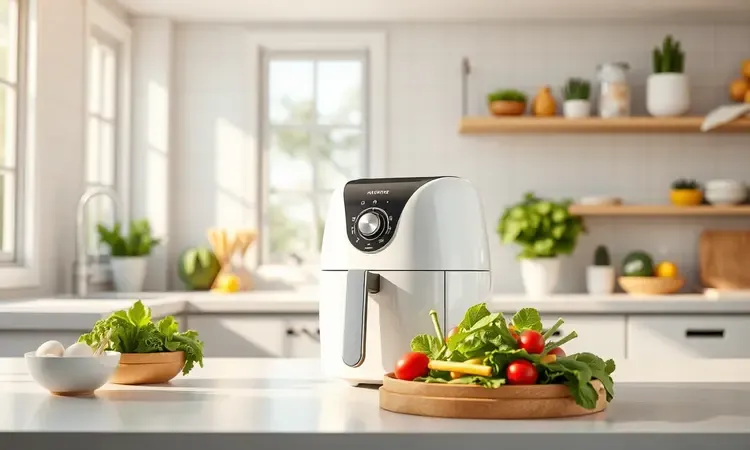 Ilustração 3D conceitual de uma cozinha moderna destacando a praticidade e saúde ao cozinhar com airfryer.