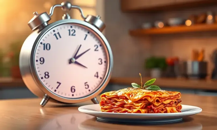 Ilustração conceitual 3D de uma lasanha dourada e um relógio simbolizando a rapidez e eficiência na cozinha.