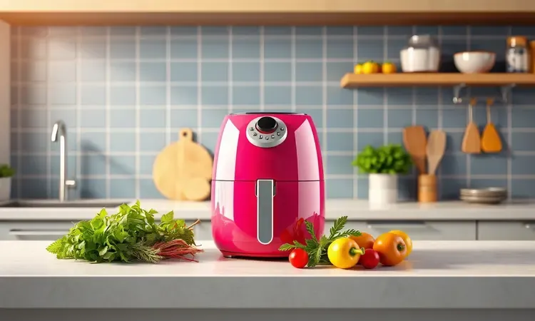 Renderização 3D conceitual de uma cozinha moderna com uma airfryer estilizada e ingredientes frescos.