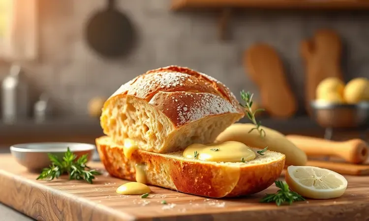 Baguete de pão de alho fatiada com manteiga derretida e ervas frescas em uma composição artística 3D.
