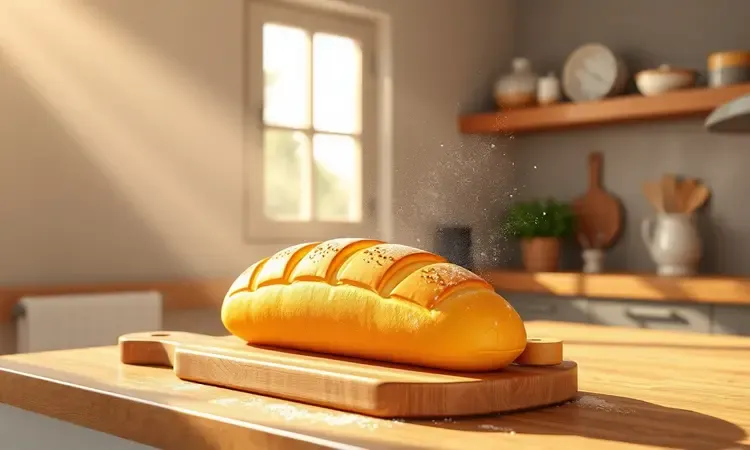 Cena de cozinha moderna com um pão artesanal sobre uma tábua de madeira em render 3D conceitual e luz solar.