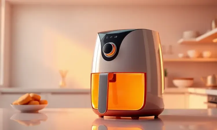 Representação artística de uma airfryer moderna em uma cozinha vibrante, simbolizando praticidade e saúde.