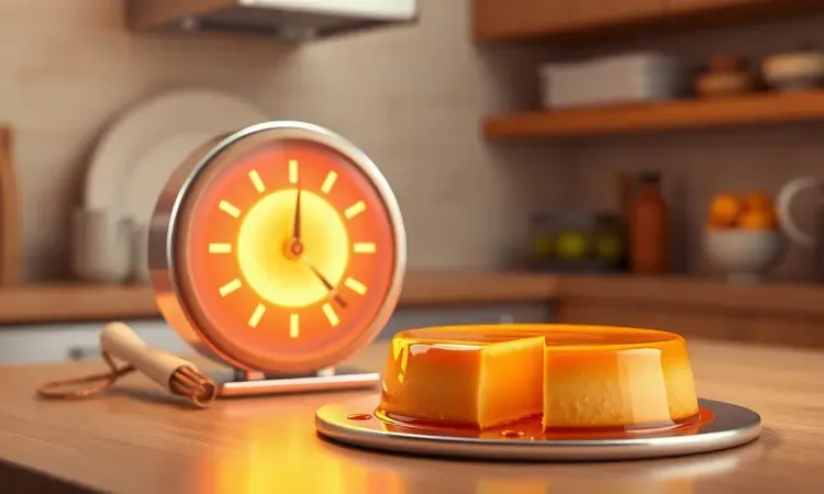 Ilustração conceitual de um pudim de caramelo com um ícone de cronômetro simbolizando a rapidez do preparo na airfryer.