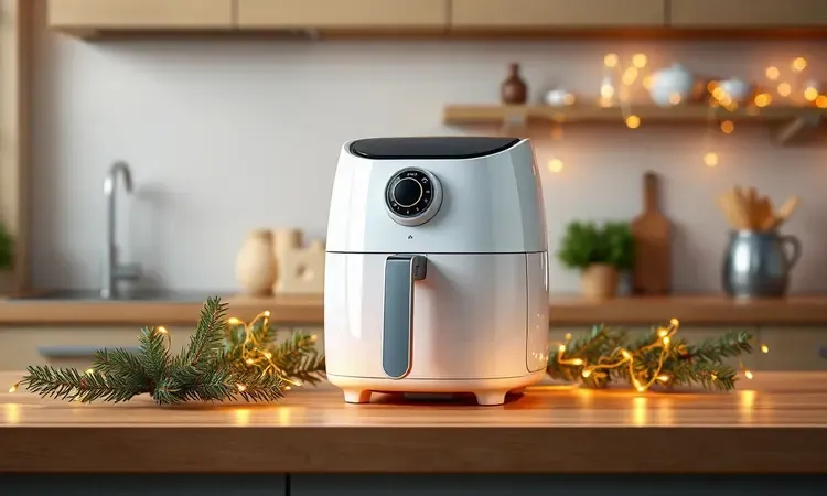 Representação 3D de uma fritadeira elétrica moderna em uma cozinha decorada para o Natal com luzes quentes.