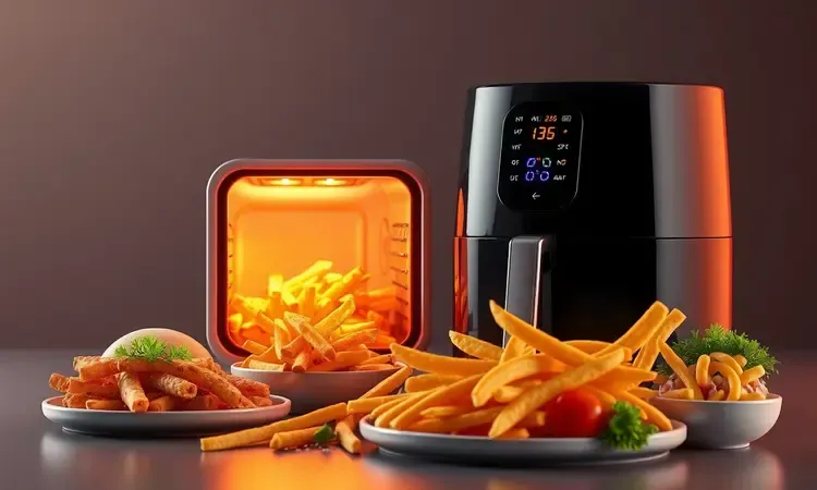 Renderização 3D de alimentos crocantes saindo de um forno airfryer unbranded com iluminação quente e cores vibrantes.