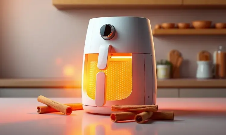 Ilustração 3D conceitual de uma air fryer moderna emanando luz dourada com canela em pau ao redor.