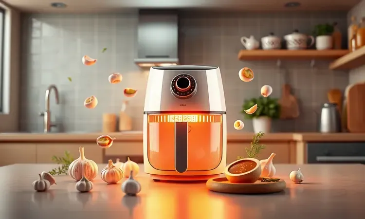 Ilustração 3D conceitual de uma airfryer brilhante em uma cozinha moderna com ingredientes frescos flutuando ao redor.