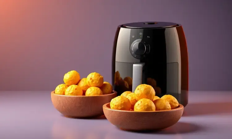 Representação 3D de pães de queijo dourados e quentes saindo de uma air fryer moderna e minimalista.