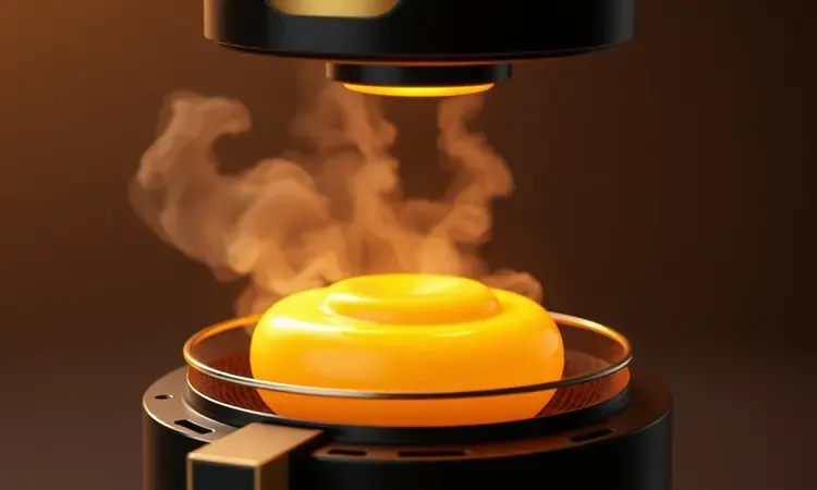 Ilustração conceitual 3D de um pudim sendo preparado dentro de uma fritadeira elétrica moderna com iluminação quente.
