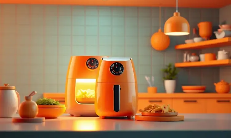 Representação conceitual em 3D de uma cozinha moderna destacando a eficiência e praticidade da fritadeira elétrica.