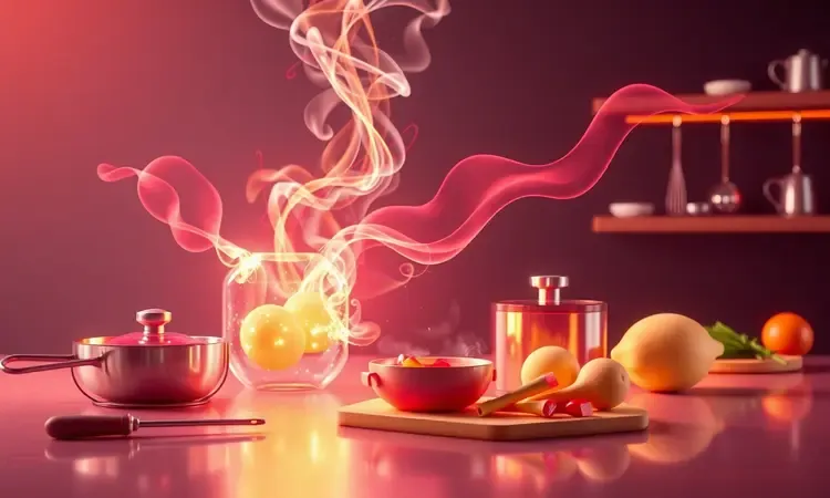 Ilustração conceitual 3D de tecnologia de cozinha moderna e preparo saudável de alimentos.