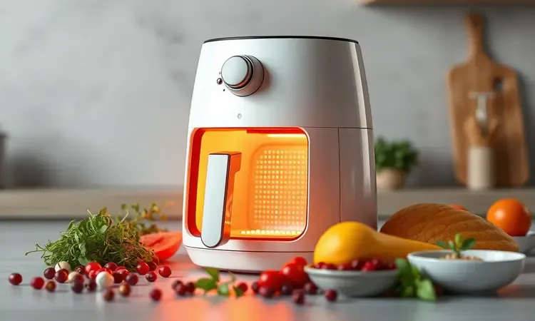 Airfryer minimalista com brilho interno quente cercada por temperos frescos em estilo render 3D.