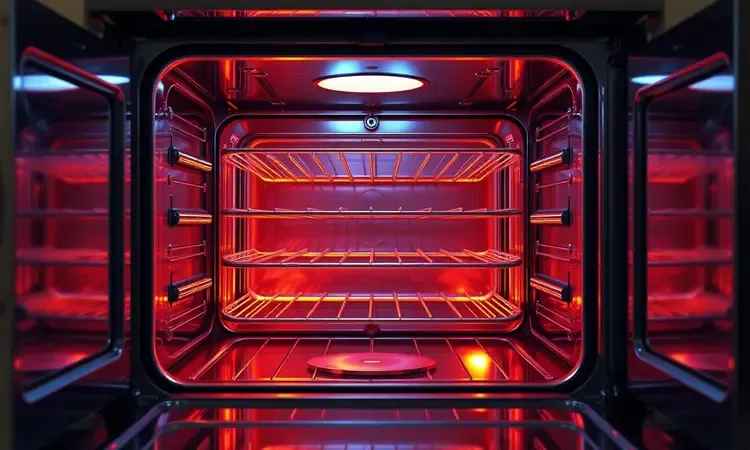 Representação visual em 3D dos três níveis internos de uma air fryer forno destacando a organização e espaço.