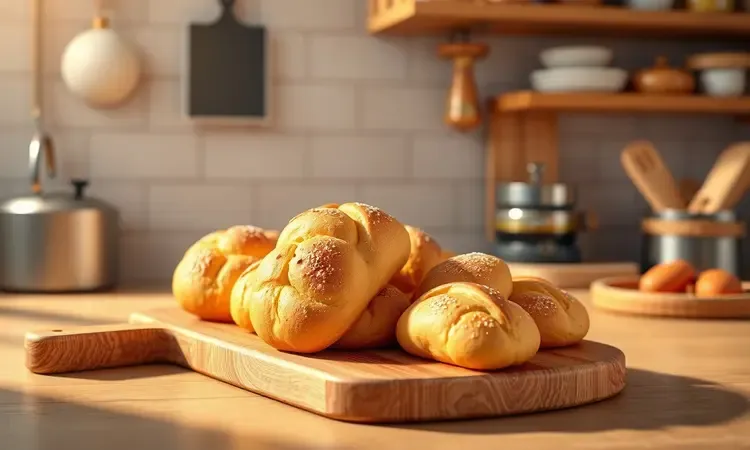 Pães caseiros pequenos e fofos sobre uma tábua de madeira em uma cozinha aconchegante.