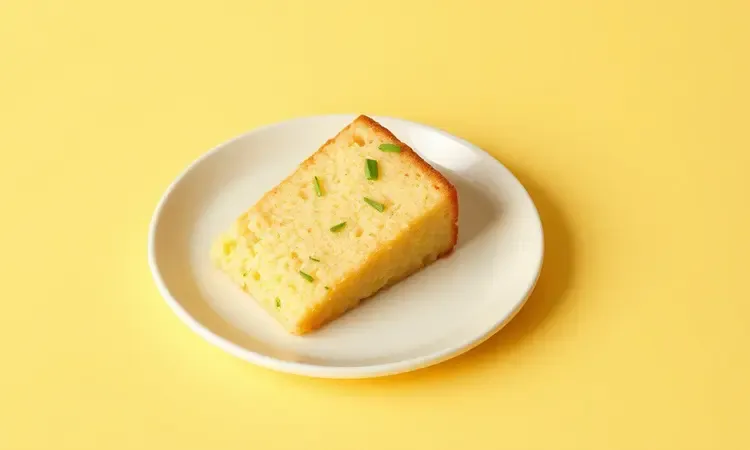Fatia de bolo de limão molhadinho com raspas de limão sobre um prato minimalista.