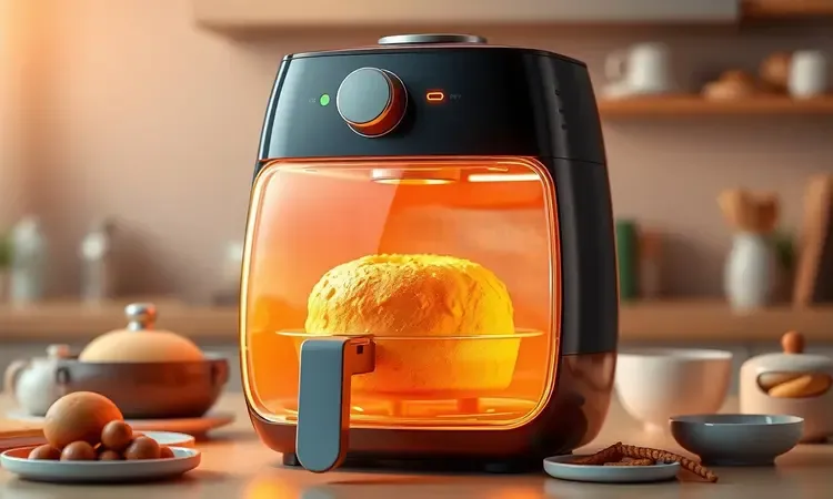 Representação conceitual em 3D de um bolo dourado crescendo dentro de uma fritadeira elétrica estilizada e moderna.