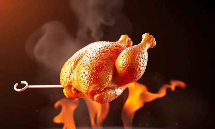 Representação conceitual 3D de um frango dourado girando em um espeto com ondas de calor e iluminação vibrante.