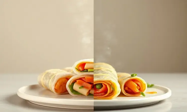 Comparação visual entre o cozimento saudável na airfryer e a fritura tradicional de rolinhos primavera.