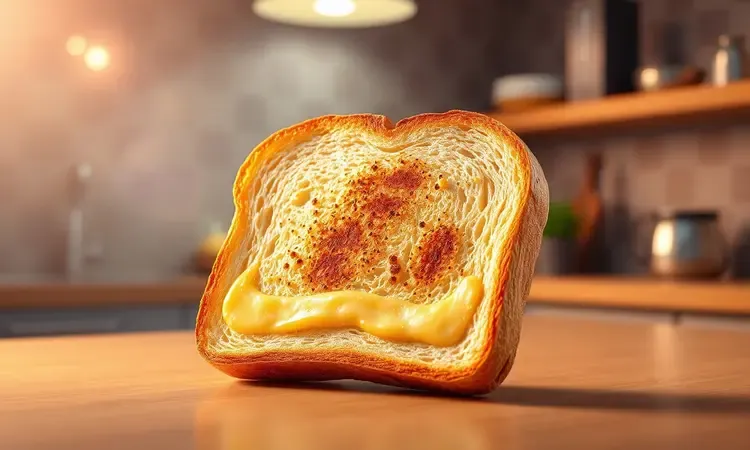 Comparação visual da textura crocante do pão torrado na airfryer com queijo derretendo.